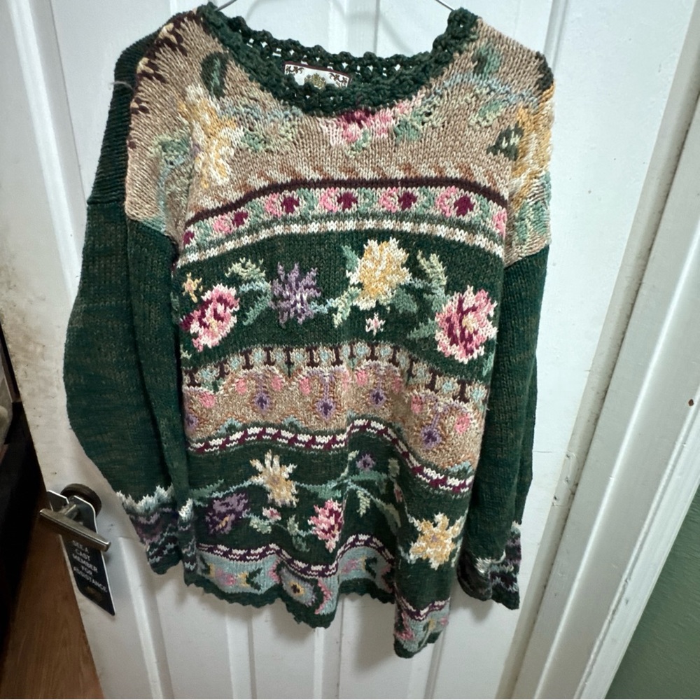 Tiara Floral Knit Sweater - Green and Multicolor